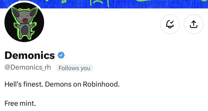 A Twitter/X profile page for "Demonics" (@Demonics_rh), featuring a bat-like creature avatar and bio reading "Hell's finest. Demons on Robinhood. Free mint."