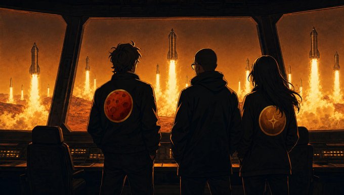 Three silhouetted figures stand in a control room watching through a large window as multiple rockets launch across an orange, fiery landscape, with one figure wearing a jacket featuring a red moon emblem.