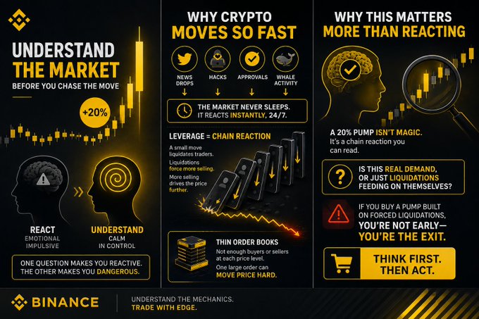 A Binance infographic with three panels titled 'UNDERSTAND THE MARKET', 'WHY CRYPTO MOVES SO FAST', and 'WHY THIS MATTERS MORE THAN REACTING', explaining market mechanics, leverage chain reactions, and the dangers of chasing pumps.