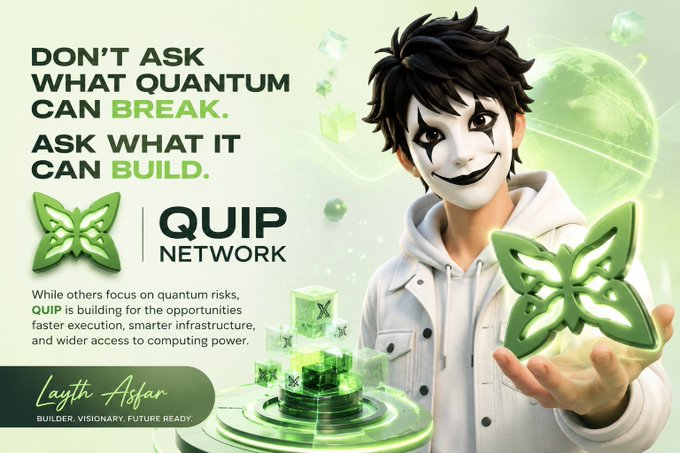 The image features a man wearing white makeup, holding up two green butterfly-shaped objects that are connected by a string. The background of the image is white with text written in black font. Below this text, there's an advertisement for Quip Network.