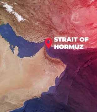 A satellite map view highlights the Strait of Hormuz with a red location pin between the Persian Gulf and the Gulf of Oman, illustrating the geographic chokepoint at the center of the reported U.S.-Iran agreement to reopen and de-mine the waterway.