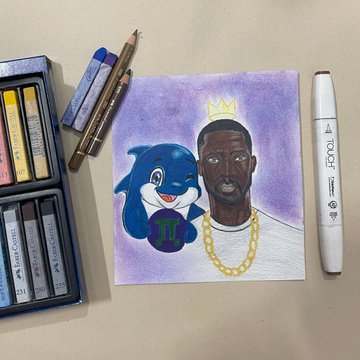 A small artwork on a paper towel depicting a cartoon dolphin next to a man wearing a gold chain and a gold crown, with art supplies visible around it.