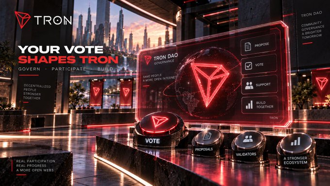 A promotional graphic for Tron DAO Governance featuring the text 'YOUR VOTE SHAPES TRON' and 'GOVERN · PARTICIPATE · BUILD' alongside futuristic red Tron-themed visual elements.