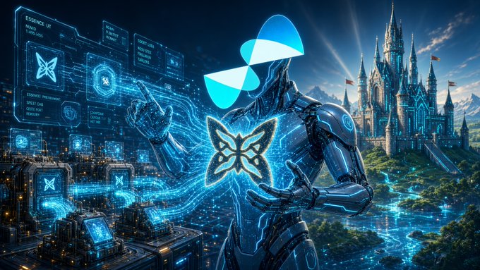A futuristic digital artwork featuring a metallic robot/android figure overlaid with butterfly logos and holographic interface elements, with a fairy-tale castle and landscape in the background.