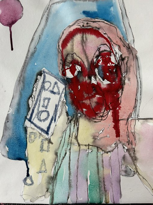 An abstract watercolor and ink painting depicting a figure with blood-red eyes and dripping paint, with the word 'DADA' written on a tag.
