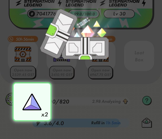 Screenshot of STEPN game showing discrepancy between anticipated loot generation and current progress on screen. Player anticipating to loot 2 items 50h 56min into their run but only .6 have been generated since last refill with 1h5min remaining.