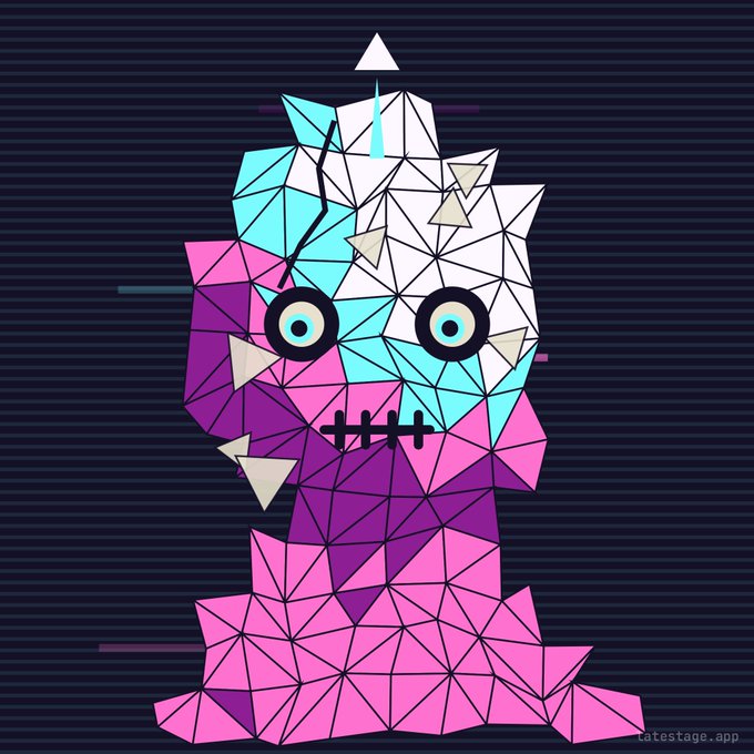 A geometric, low-poly digital illustration features a fractured figure composed of purple, pink, and cyan triangular shards with large hollow eyes, a stitched smile, and a small white triangle "halo" floating above. The watermark "tatestage.app" appears in the bottom right corner. The imagery of a damaged but pieced-together face with a crown-like accent visually echoes the post's message about "diamond hands" and resilient NFT holders weathering market volatility.