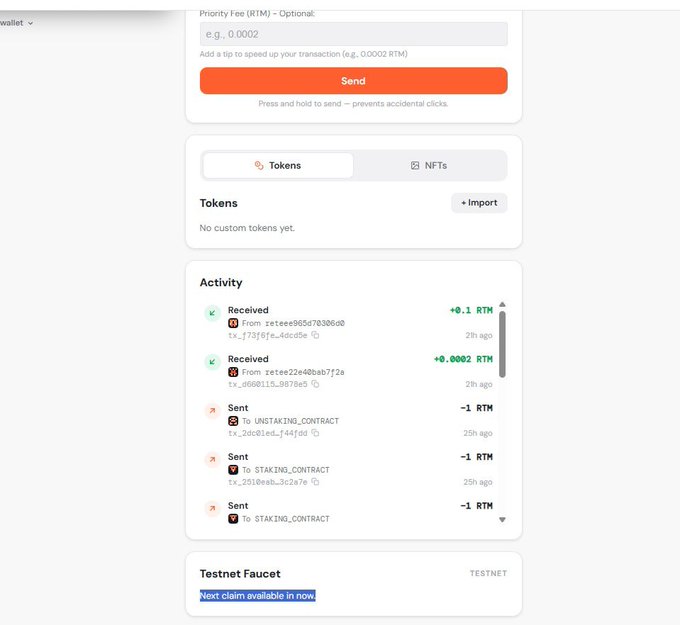 A cryptocurrency wallet interface showing a transaction send form with Priority Fee (RTM) field, an Activity log listing Received and Sent transactions involving UNSTAKING_CONTRACT and STAKING_CONTRACT, and a Testnet Faucet section.