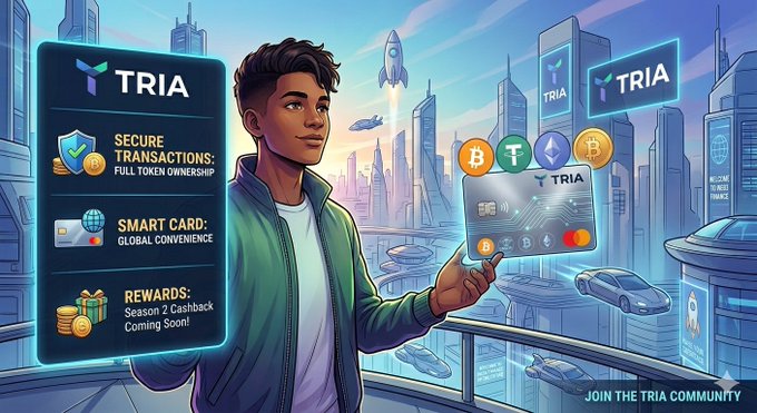 The image features a cartoon man holding a credit card, with text that reads "Good evening gTria community! Welcome to Web3 finance of the future! Do you want to have both the advantages of cryptocurrency and those of the traditional bank? You should try @useTria!". The post is promoting the use of Tria as an alternative to traditional banking.