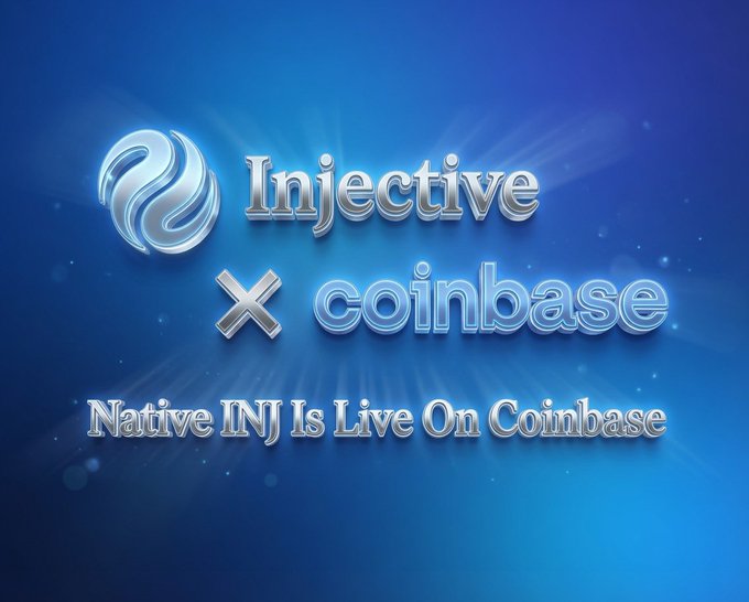 A promotional graphic announcing that Injective's native token (INJ) is now live on Coinbase.