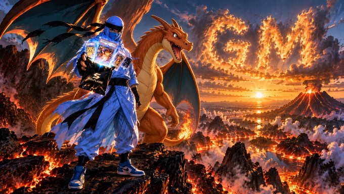 A ninja-like figure dressed in blue stands triumphantly beside a fierce Charizard on a fiery volcanic landscape, holding a Solflare pack, embodying the "GM" (Good Morning) greeting and the call to rip packs and stay active in the Solana community. The word "GM" blazes in the sky, reinforcing the motivational morning message.