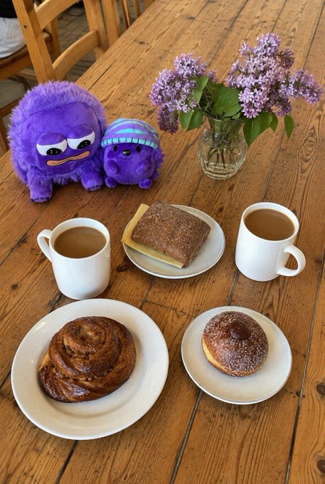 Wooden table set with two purple plush toys, a vase of lilac flowers, two mugs of coffee, and three pastries including a cinnamon roll and a powdered sugar bun on white plates.