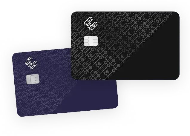 Two premium metal cards—one black and one deep blue—feature an interlocking chain link pattern and an EMV chip, representing the MyEtherWallet (MEW) crypto debit card. The image illustrates the MEW card the user has been attempting to apply for, which they mention has been rejected twice.
