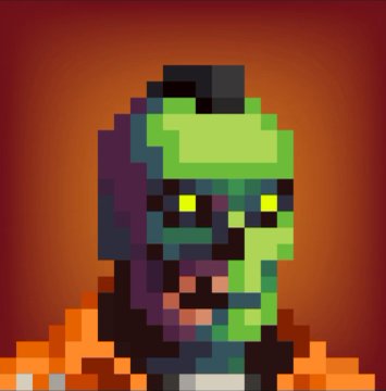 A pixel art portrait of a character with green skin, yellow eyes, and dark hair, wearing an orange jumpsuit, set against a dark red gradient background.