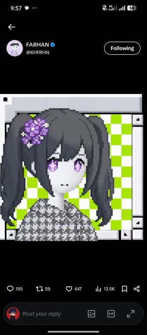 A Twitter/X post by user 'FARHAN @KHFRHN' showing a pixel art anime-style character with long dark hair, purple eyes, a purple flower hair accessory, and a gray patterned sweater against a green and white checkered background; the post has 195 replies, 59 reposts, 447 likes, and 13.5K views.