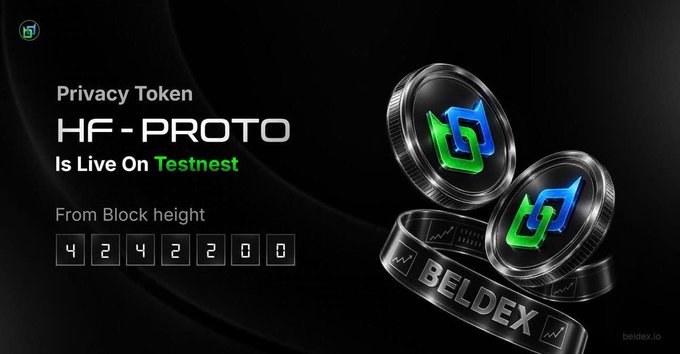 Promotional image announcing 'Privacy Token HF - PROTO Is Live On Testnet From Block height 4242200' with BELDEX coins displayed on the right side.