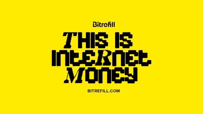 A bold yellow promotional graphic for Bitrefill featuring pixelated black text that reads "THIS IS INTERNET MONEY" with the URL "BITREFILL.COM" displayed below. The image serves as a sponsor promotion encouraging viewers to purchase everyday items using Bitcoin through Bitrefill's platform.