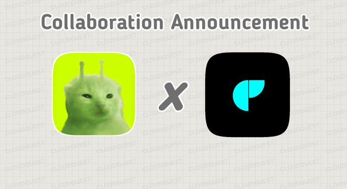 A "Collaboration Announcement" graphic featuring a green cat icon with antennae next to a black Robinhood app icon, separated by an "X" symbol, with "CLOUDQUEST" watermarked across the background to promote the upcoming launch of 4444 glorps on the Robinhood chain.