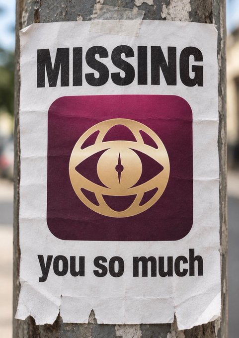 A torn paper poster attached to a tree trunk displays the text 'MISSING' above a purple square containing a gold eye symbol, with the words 'you so much' printed below.