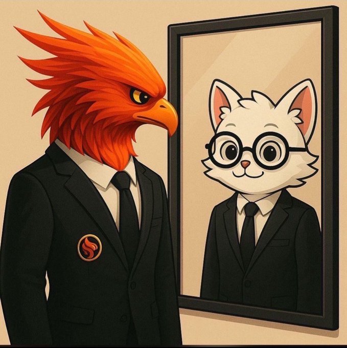 The image shows an anthropomorphic orange eagle-headed character in a black suit with a flame emblem, standing in profile and gazing at a framed portrait of a smiling white cat wearing glasses and a matching suit. The contrast between the fierce eagle staring at the friendly feline reflection visually echoes the crypto post's message about $PHT holders receiving $WKC as a reflection token—symbolizing two distinct personas tied together through the reflection rewards mechanism.
