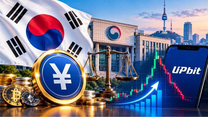 A composite image showing the South Korean flag, the Korean government building, scales of justice, gold coins including a prominent yen symbol, and a smartphone displaying the 'UPbit' logo with a candlestick chart trending upward.