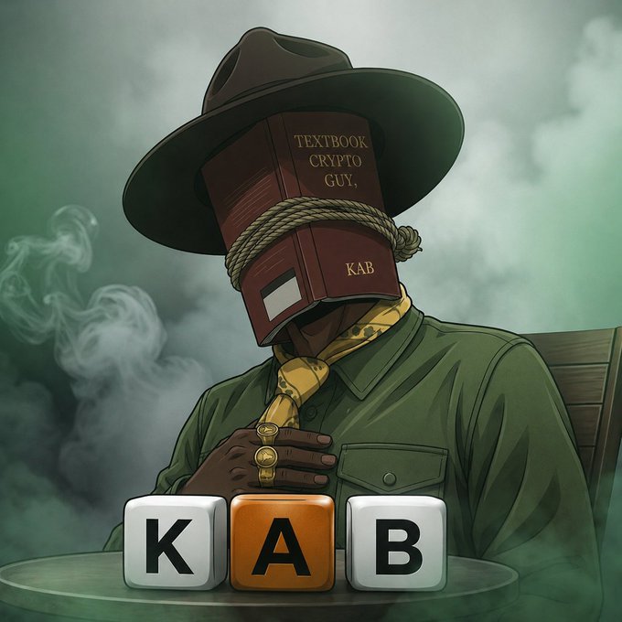 The image features a man wearing a hat, a green shirt with "KAB" written on it, and a book tied around his neck. The background of the image has a greenish tint, giving it an artistic appearance. There are also some letters visible in the image that seem to be part of a caption or text related to the post.