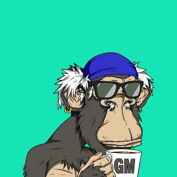 A cartoon monkey with white hair, a purple headband, and dark sunglasses holds a white mug labeled "GM" against a bright teal background.