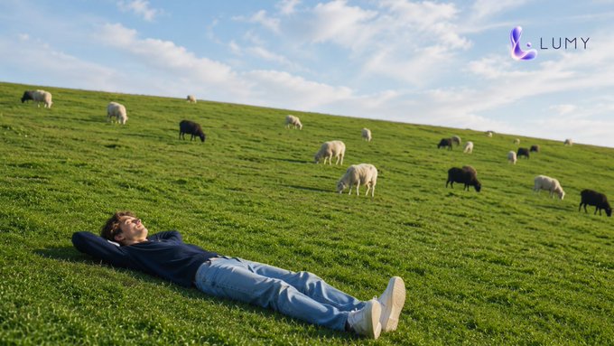 A young man lies peacefully on a lush green hillside, gazing up at the sky while sheep graze across the pasture in the background. The "LUMY" logo appears in the top right corner, visually reinforcing the post's message of tranquil relaxation as Lumy AI manages tasks in the background.