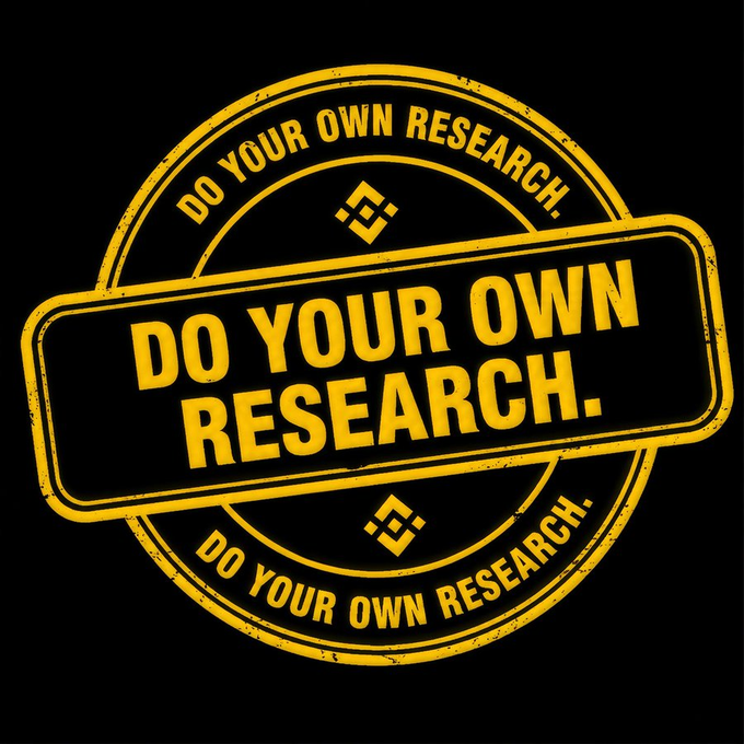 A yellow and black circular stamp graphic with the text "DO YOUR OWN RESEARCH." repeated around the border and in the center, featuring the Binance logo.