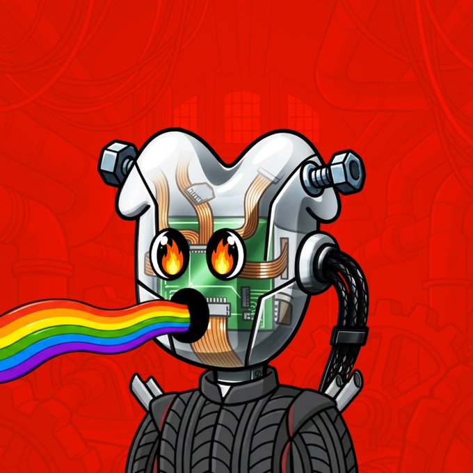 A digital illustration of a robotic figure with exposed circuit boards, flame-patterned eyes, and a rainbow stream emanating from its mouth, set against a red background.