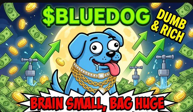 A cartoon meme of a blue dog wearing gold chains with the text '$BLUEDOG DUMB & RICH' and 'BRAIN SMALL, BAG HUGE,' surrounded by money and upward green arrows.