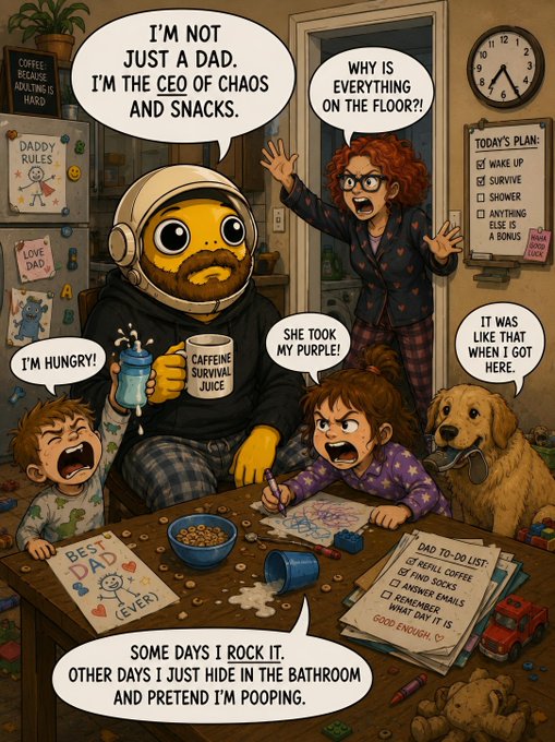 The image features a cartoon depiction of a family gathered around a table with various objects such as bowls, cups, and toys scattered about. The father has a humorous caption that reads "It's a little messy, but it's full of heart You're doing amazing". This caption is accompanied by a speech bubble containing the text "Some days I rock it, other days I pretend I pooped". The family members in the cartoon include a man and two children.