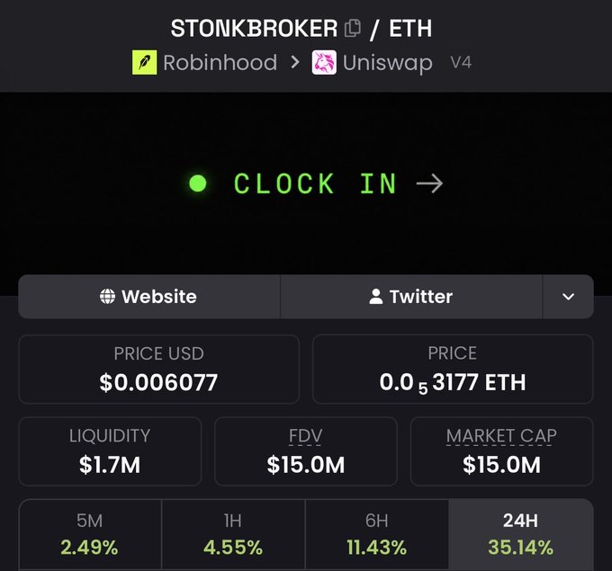 A cryptocurrency dashboard displays the STONK token on Robinhood/Uniswap V4 priced at $0.006077 with a 24H gain of 35.14%, $1.7M liquidity, and $15.0M market cap, featuring a prominent green "CLOCK IN" button that reinforces the post's message urging investors to be prepared for the bull market rather than investing in low-quality "dogshit memes."
