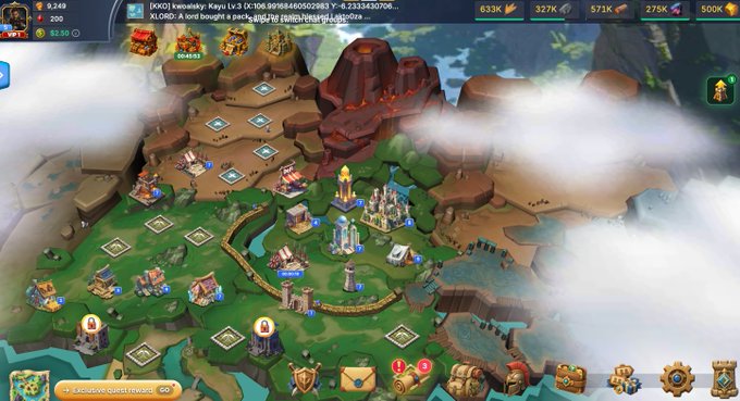A screenshot from a mobile strategy game showing an isometric view of a kingdom map with a volcano, castles, and various resource counters (633K, 327K, 571K, 275K, 500K) displayed at the top.