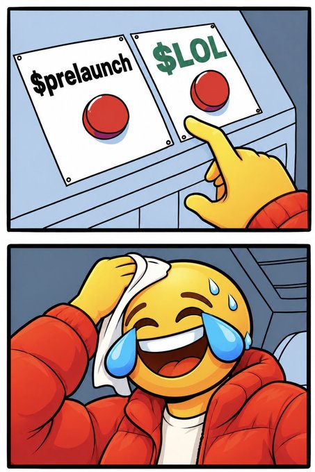 A two-panel meme featuring a cartoon character pressing a '$LOL' button instead of '$prelaunch' button, suggesting regret over choosing memes over potential gains.