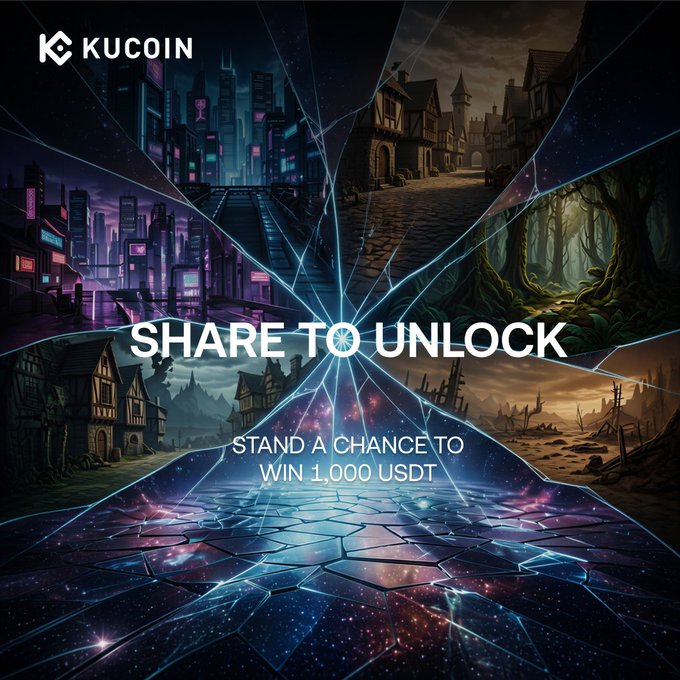 The KuCoin promotional image features a shattered glass effect revealing four distinct fantasy realms—a neon cyberpunk city, a medieval village, a lush forest, and a desolate wasteland—against a cosmic background, with text reading "SHARE TO UNLOCK" and "STAND A CHANCE TO WIN 1,000 USDT." The shattered mirror imagery visually reinforces the post's call to share your KuKu badge, as participants literally "unlock" a doorway into the KuKu Universe contest.