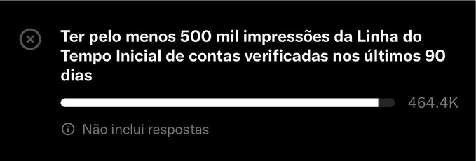A notification in Portuguese stating the requirement of 500K impressions on the Initial Timeline from verified accounts in the last 90 days, with 464.4K shown on the progress bar.