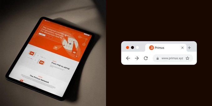 A tablet displaying the FHE/Blockchain landing page sits next to a browser mockup labeled 'Primus' with the URL www.primus.xyz, highlighting The Primus Network branding.