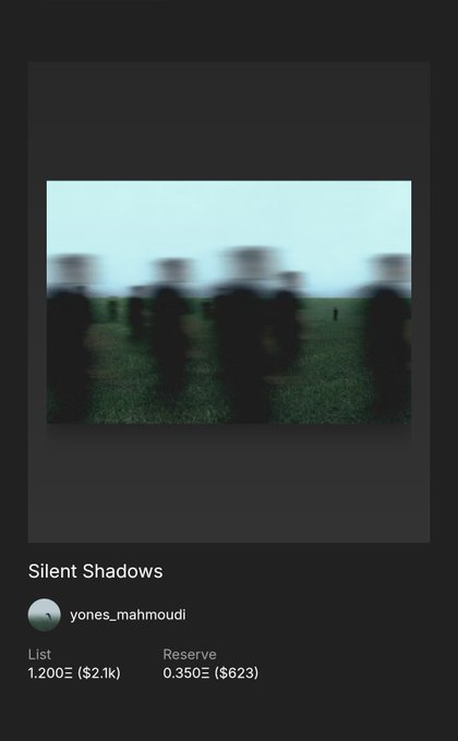 An NFT listing on a marketplace titled 'Silent Shadows' by yones_mahmoudi, priced at 1.200Ξ with a reserve of 0.350Ξ.