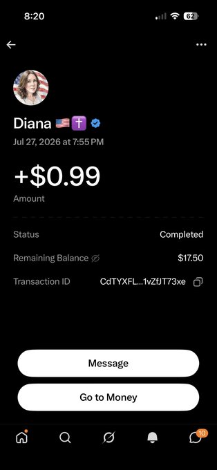 A mobile transaction confirmation screen from X showing a tip of +$0.99 USD sent to user 'Diana' with a transaction ID and completed status.