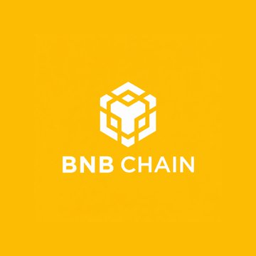 The image features a yellow background with white text that reads "BNB Chain". The text is capitalized, making it stand out against the yellow backdrop. Below this, there's an illustration of a cube-shaped logo composed of smaller cubes, which are colored in white and black. This design element adds visual interest to the overall composition.