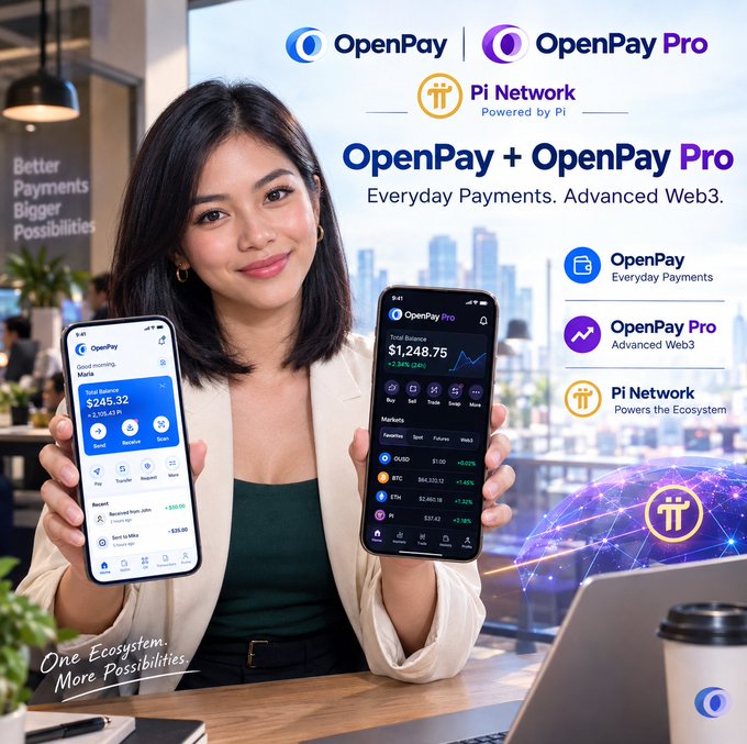 A smiling woman holds two smartphones displaying the OpenPay app showing a $245.32 total balance and the OpenPay Pro app displaying a $1,248.75 portfolio with crypto assets like BTC, ETH, and PI, alongside the Pi Network logo and the tagline "Better Payments Bigger Possibilities" — visually reinforcing how the two apps work together as one unified payment experience.