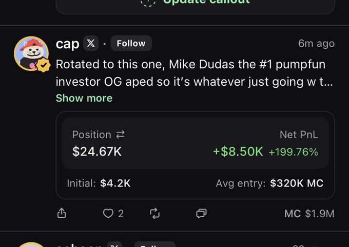 A social media post screenshot showing a crypto trading position with a $24.67K initial investment yielding a Net PnL of +$8.50K (+199.76%).