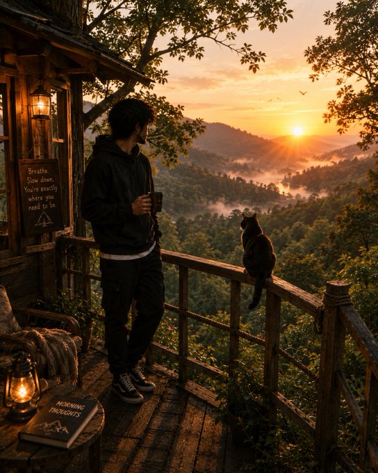 An AI-generated image shows a man in a dark hoodie holding a mug, standing on a wooden porch railing alongside a black cat, looking out at a sunset over a misty, forested valley.