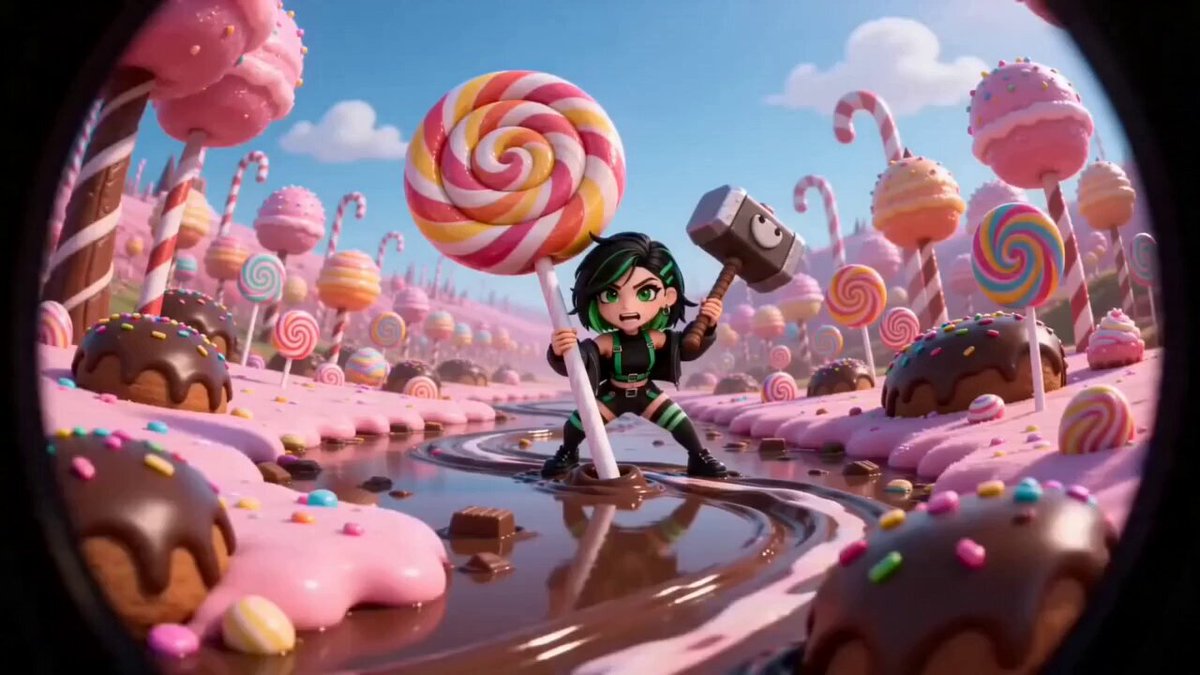 The image features a girl with green hair standing next to a giant lollipop, holding a hammer. The background of the image shows an abundance of colorful candy canes scattered throughout the scene. The caption at the bottom of the image reads "Meme Notorious Piggy".