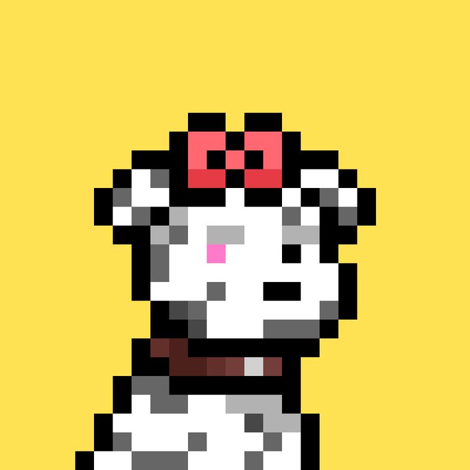 Pixel art style portrait of a white and gray character with a large red bow on its head against a yellow background.