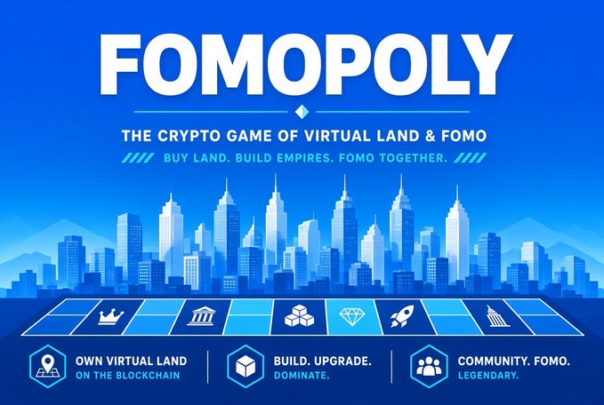 Bright blue illustrated crypto-game ad titled “FOMOPOLY,” subtitled “The crypto game of virtual land & FOMO,” with the line “Buy land. Build empires. FOMO together.”