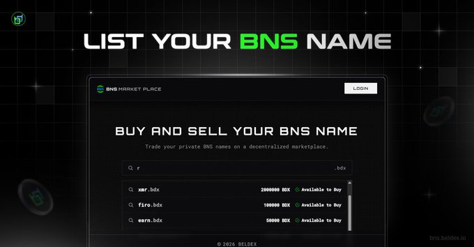 A promotional graphic for the BNS Market Place on the Beldex website displaying the headline 'LIST YOUR BNS NAME' with a search interface for buying and selling decentralized '.bdx' names like 'smr.bdx', 'fire.bdx', and 'earn.bdx'.
