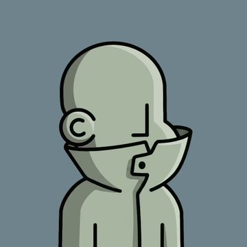 A minimalist vector illustration of a person wearing a helmet and face mask in a contemplative pose, rendered in muted green-gray tones against a similar colored background.