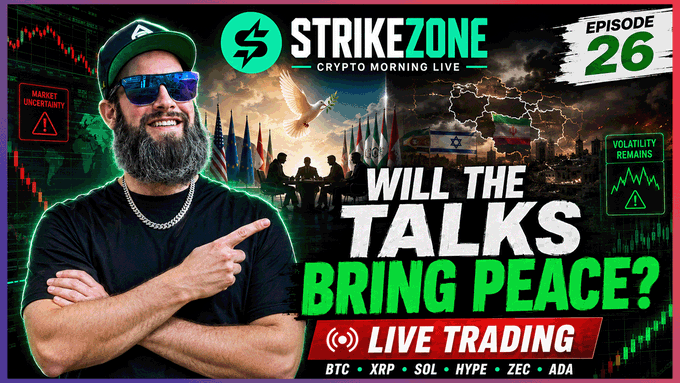 A YouTube thumbnail for "STRIKEZONE - CRYPTO MORNING LIVE EPISODE 26" featuring a bearded host in sunglasses and cap, with text "WILL THE TALKS BRING PEACE?" and "LIVE TRADING" for BTC, XRP, SOL, HYPE, ZEC, ADA.